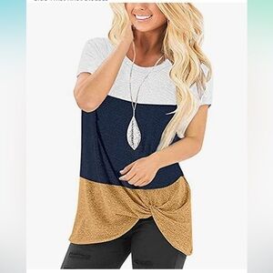Moyee Color Block Front Knot Short Sleeve Top NWOT Shirt Cute Yellow Navy Work